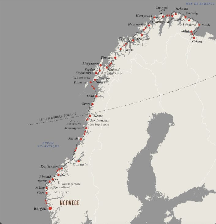 carte des ports Hurtigruten express côtier