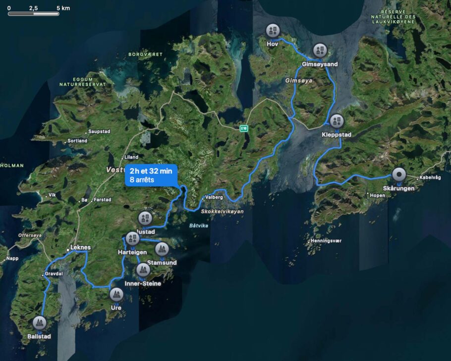 carte de l'itinéraire sur l'île de Vestvagoya, de ballstad à hot, Gimsoya et kabelvag