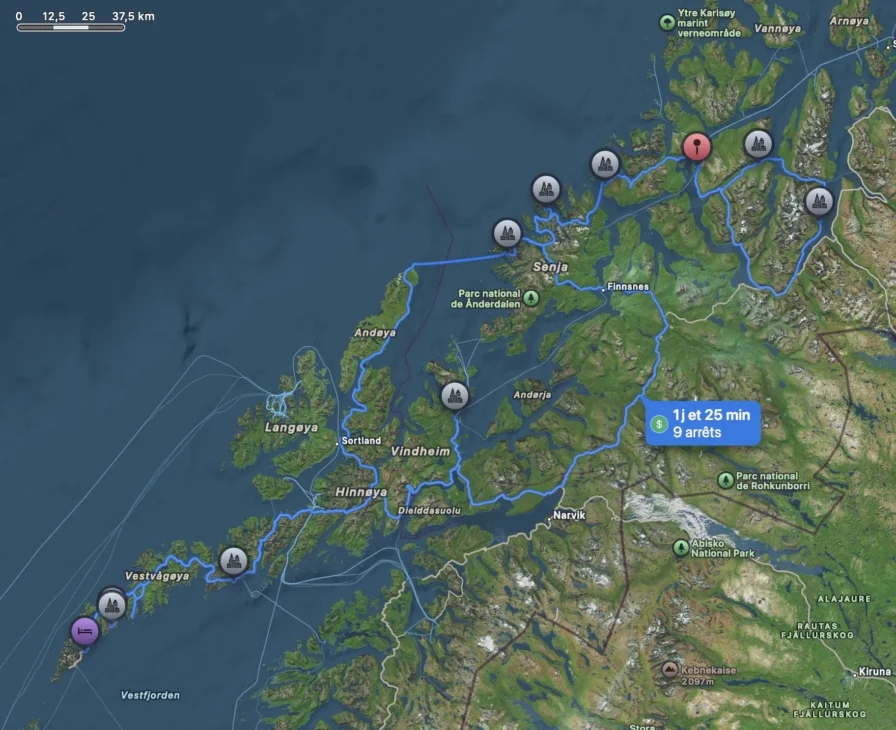 carte itinéraire road trip de 10 jours en Norvège du nord en hiver